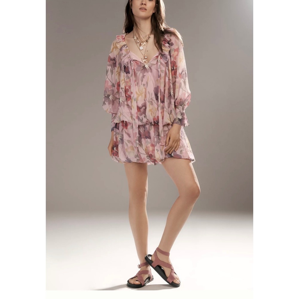 Mare Mare Floral Chiffon Ruffle Mini Dress Pink Long Sleeve Blouson Waist Small